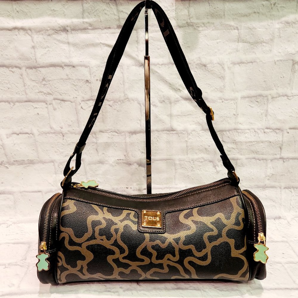 TOUS Kaos Leather Canvas Shoulder Bag Brown/Tan Bear Logo